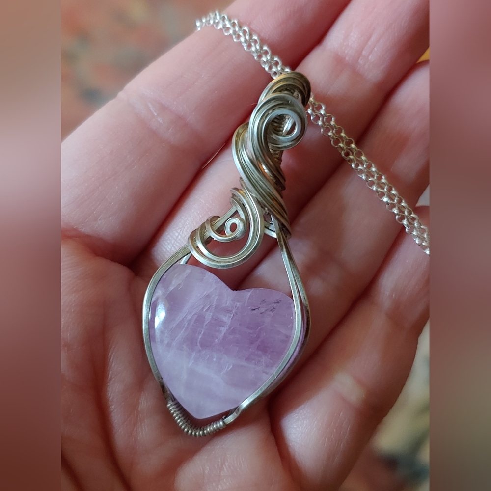 Sterling Silver Wrap Kunzite Heart Crystal Pendant Necklace